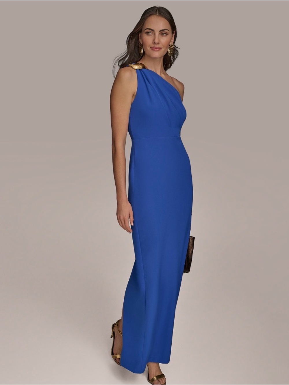 Donna Karan Royal Blue One-Shoulder Gown with Gold Shoulder Detail
